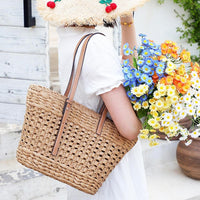 Woven Straw Cord Basket Tote Bag With Leather Handles