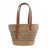 Woven Straw Cord Basket Tote Bag With Leather Handles