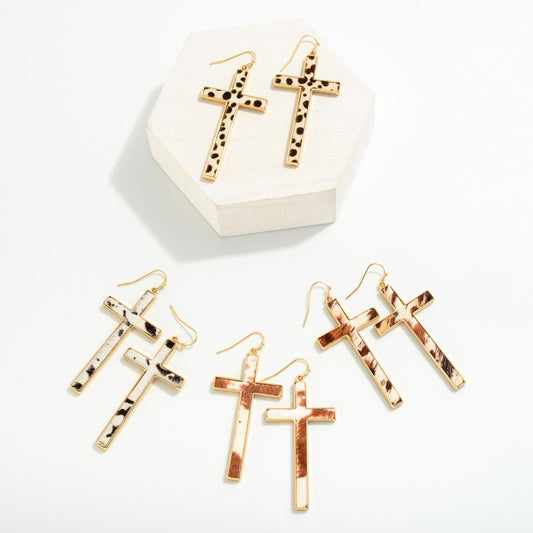 Animal Print Inlay Cross Drop Earrings