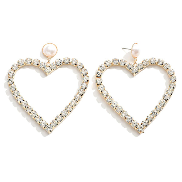 Statement Rhinestone Oversized Heart Drop Earrings Featuring Pearl Accents
