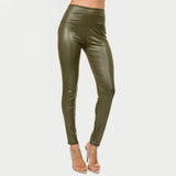 Solid Olive Faux Leather Wide Waistband Ankle Leggings