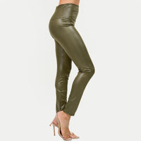 Solid Olive Faux Leather Wide Waistband Ankle Leggings