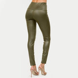 Solid Olive Faux Leather Wide Waistband Ankle Leggings