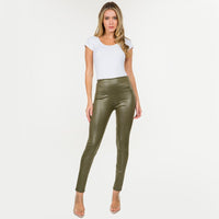 Solid Olive Faux Leather Wide Waistband Ankle Leggings