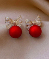 Rhinestone Studded Bow Pearl Earrings