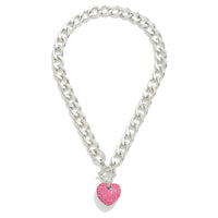 Chain Link Statement Piece Necklace W/ Rhinestone Heart Pendant