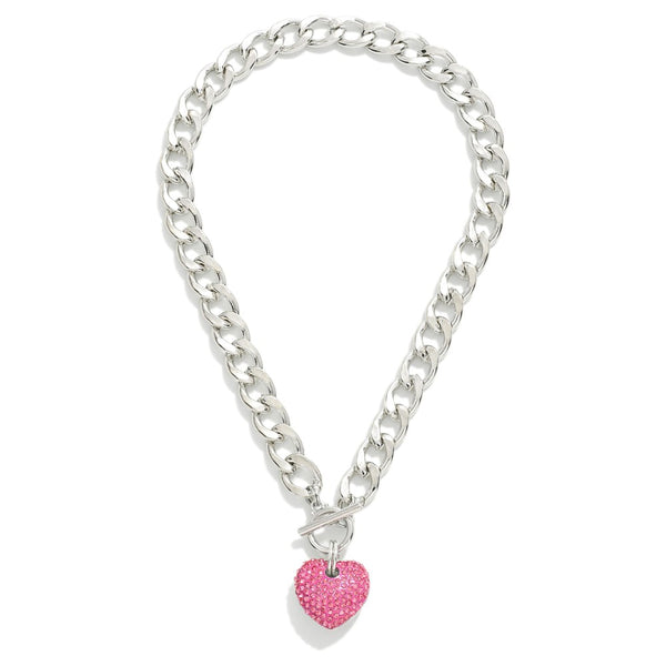 Chain Link Statement Piece Necklace W/ Rhinestone Heart Pendant
