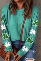 Sequined St Patties Clover Patched Long Sleeve Light Weight Sweater Top