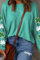 Sequined St Patties Clover Patched Long Sleeve Light Weight Sweater Top