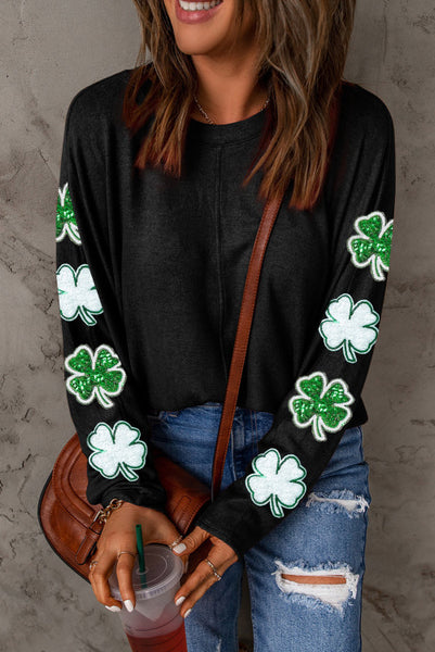 Sequined St Patties Clover Patched Long Sleeve Light Weight Sweater Top