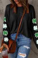 Sequined St Patties Clover Patched Long Sleeve Light Weight Sweater Top