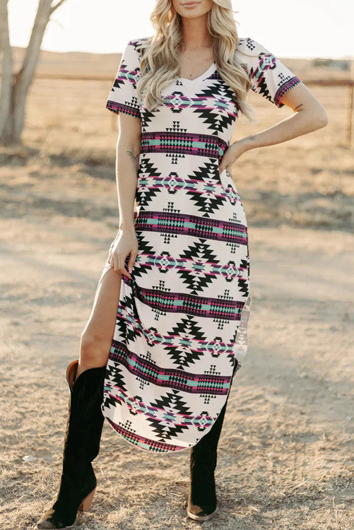 Fiestaa Azteca Western Print T-Shirt Dress