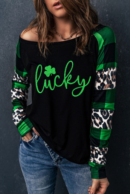 Lucky Clover Leopard Plaid Splicing Long Sleeve Top