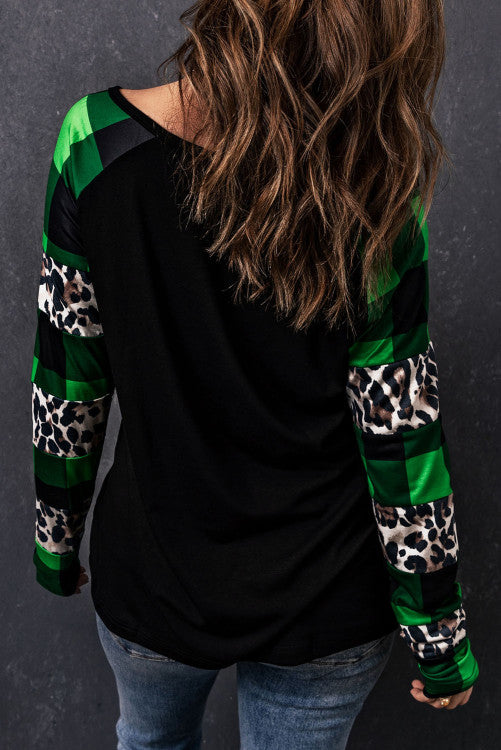 Lucky Clover Leopard Plaid Splicing Long Sleeve Top