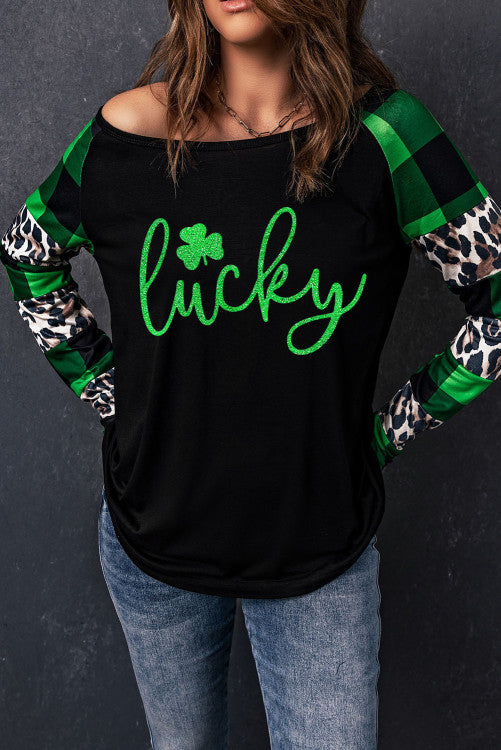 Lucky Clover Leopard Plaid Splicing Long Sleeve Top