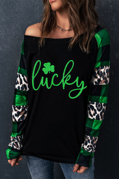 Lucky Clover Leopard Plaid Splicing Long Sleeve Top