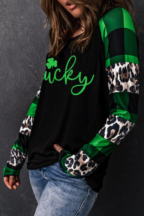 Lucky Clover Leopard Plaid Splicing Long Sleeve Top