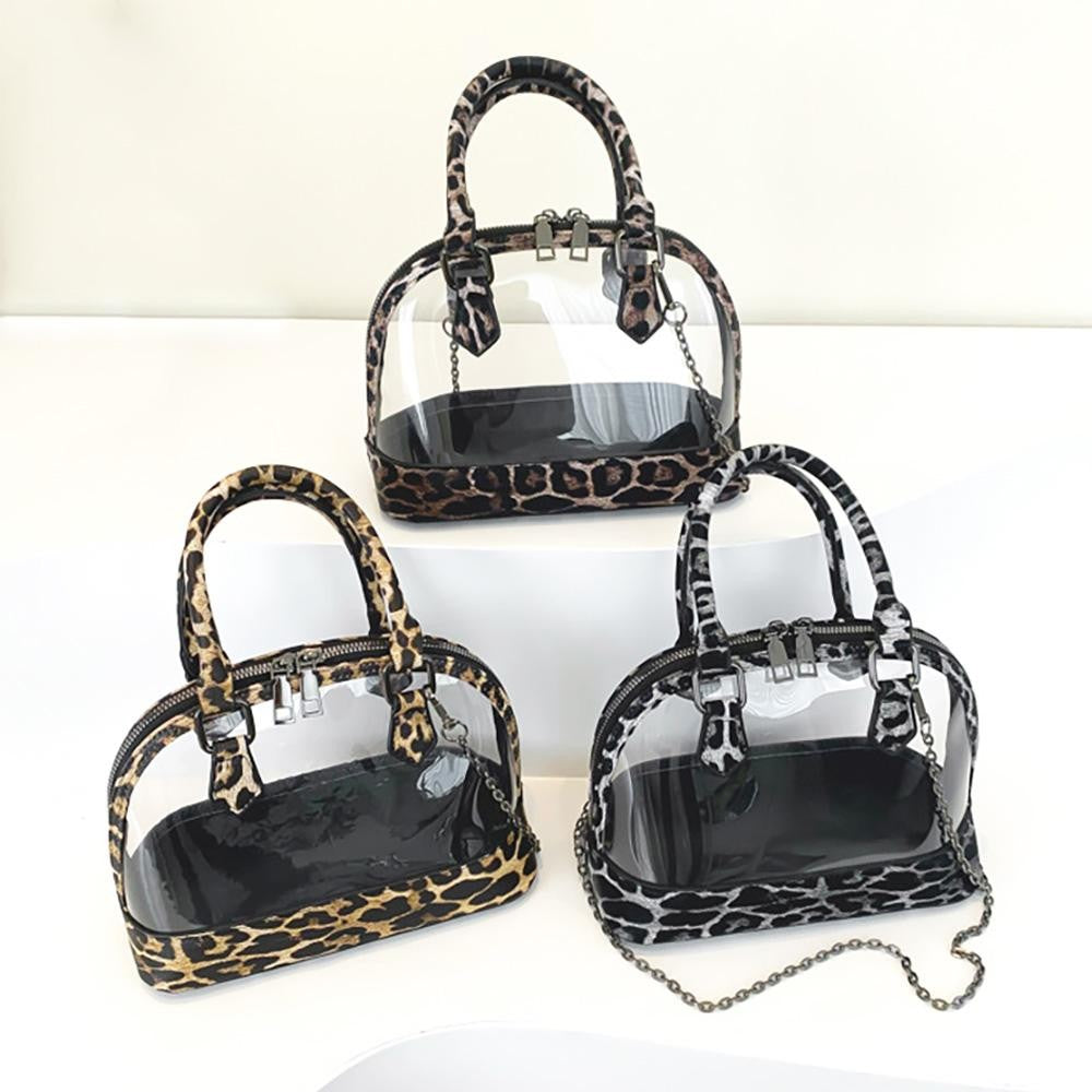 Cute Clear Leopard Print Trimmed Bag W/ Removable Chain Link Strap