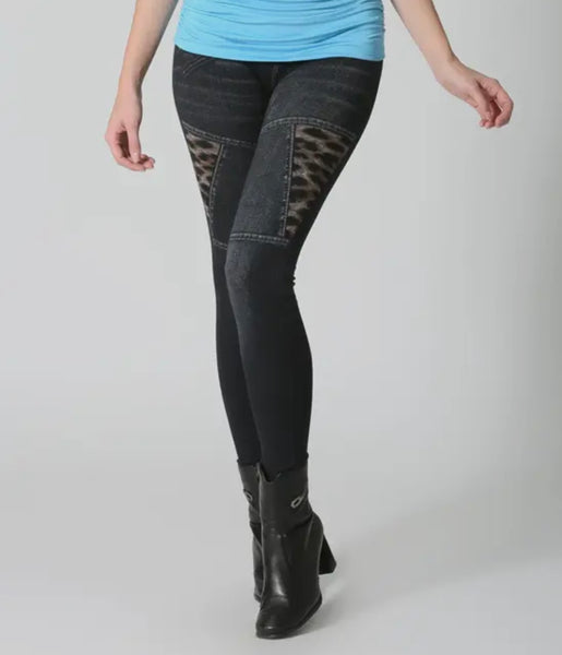 Stylish Charcoal Denim Cheetah Patched Jeggings