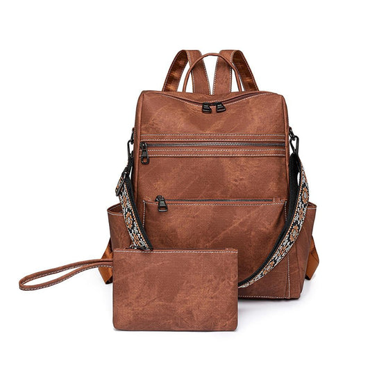 Brown Acid Washed PU Leather Backpack With Guitar Strap & Matching Wristlet