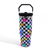 Retro Checker Flower Print 30oz Double Wall Stainless Steel Vacuum Tumbler With Carry Handle