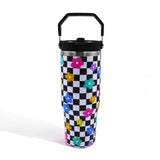 Retro Checker Flower Print 30oz Double Wall Stainless Steel Vacuum Tumbler With Carry Handle