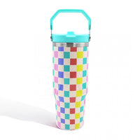 Retro Checker Flower Print 30oz Double Wall Stainless Steel Vacuum Tumbler With Carry Handle