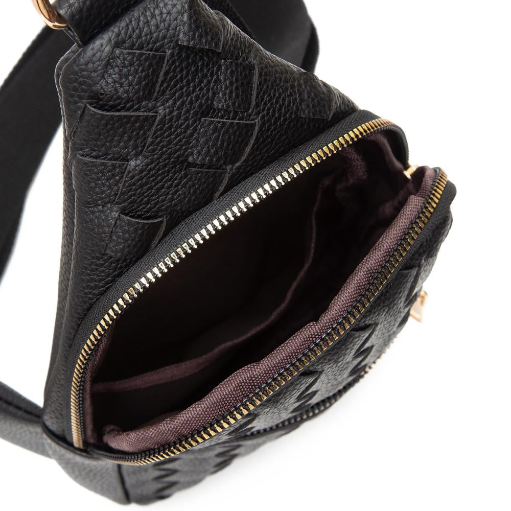 Vegan Leather Basket Weave Sling Bag With Adjustable Nylon Strap
