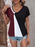 Ivy Lane Color Block Decorative Button V-Neck Tee