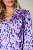 Double Take Full Size Printed Ruffle Trim Balloon Sleeve Shirt