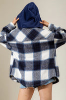 Drawstring Plaid Dropped Shoulder Hooded Shacket