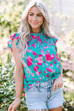 Full Size Ruffled Printed Mock Neck Cap Sleeve Blouse