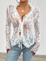 Tied V-Neck Long Sleeve Lace Top