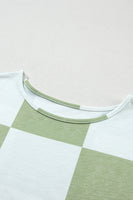 Checkered Round Neck Lantern Sleeve Top