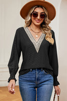 Eyelet V-Neck Flounce Sleeve T-Shirt