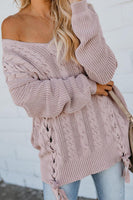 Cable Knit Lace Up V-Neck Sweater