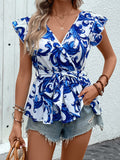 Ruffled Printed Surplice Cap Sleeve Blouse