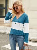 Color Block V-Neck Long Sleeve T-Shirt