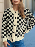 Checkered Button Up Round Neck Cardigan