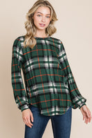 BOMBOM Curved Hem Plaid Round Neck Long Sleeve Top