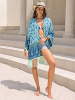 Fringe Printed Open Front Cover-Up