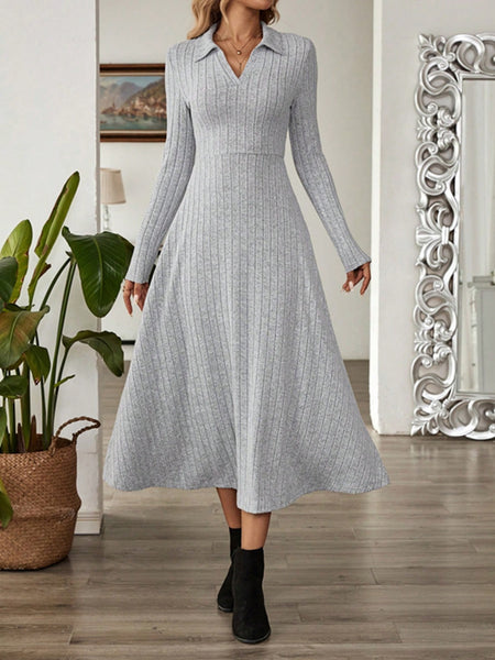 Ribbed Johnny Collar Long Sleeve Dress