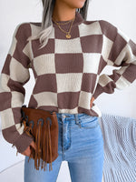 Checkered Mock Neck Long Sleeve Sweater