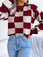 Checkered Mock Neck Long Sleeve Sweater