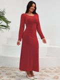 Ruched Round Neck Long Sleeve Dress