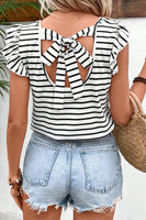 Tied Striped V-Neck Cap Sleeve T-Shirt