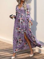 Slit Printed Surplice Long Sleeve Maxi Dress