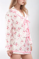 Valentine’s Day Ribbon Tied Printed Long Sleeve Top and Shorts Lounge Set