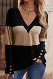 Decorative Button Contrast V-Neck Long Sleeve T-Shirt