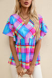 Plaid V-Neck Short Sleeve Blouse